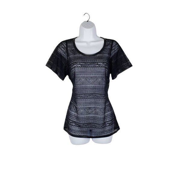 Byron Lars Beauty Mark Top Black Lace Mesh Short Sleeve Sheer Tee Shirt Size 4 - Picture 1 of 8